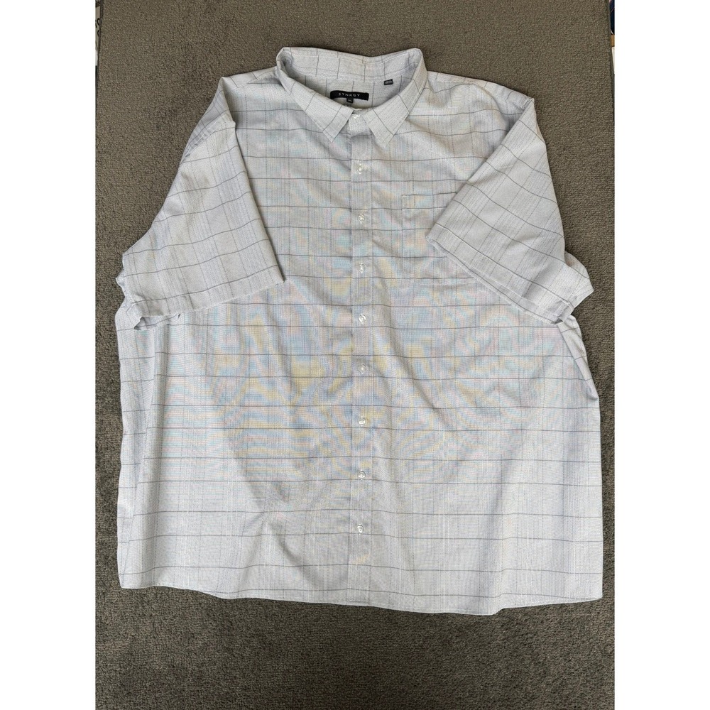 SYNRGY Mens 5XL Grey White Grid Short Sleeve Button Down Shirt Business Casual